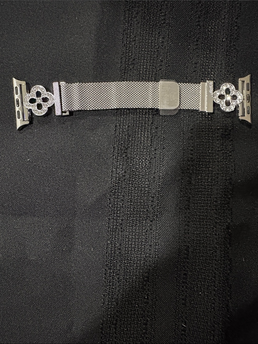 Silver Mesh Apple Watch Band with Crystal Clover Accents